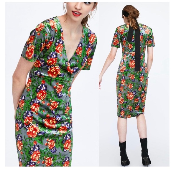 Zara Floral Short Sleeve Velvet Midi Bodycon Dress - Picture 5 of 8